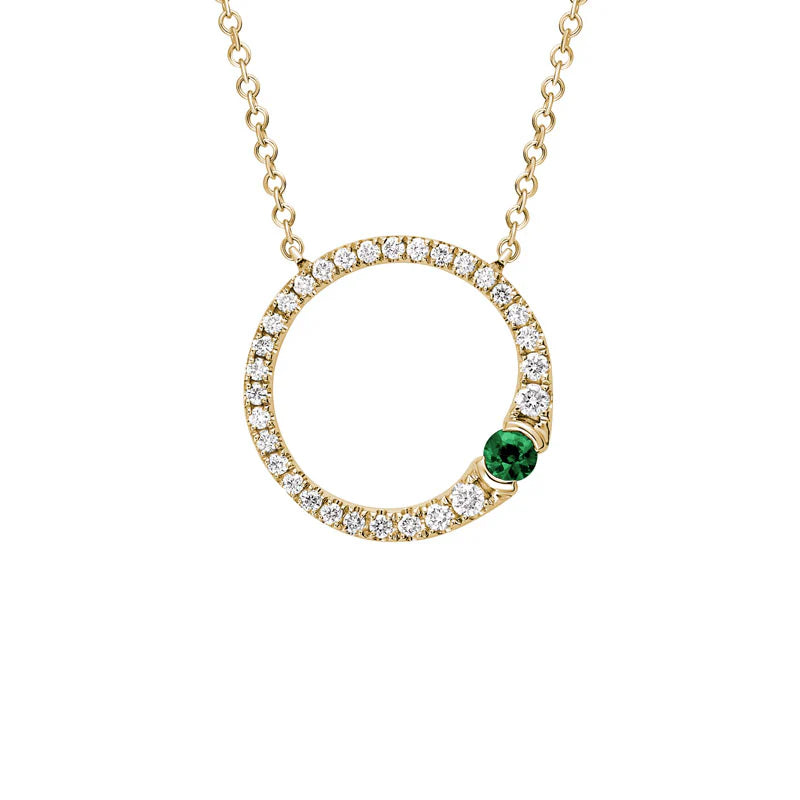 14K Yellow Gold Emerald and Diamond Circle Necklace