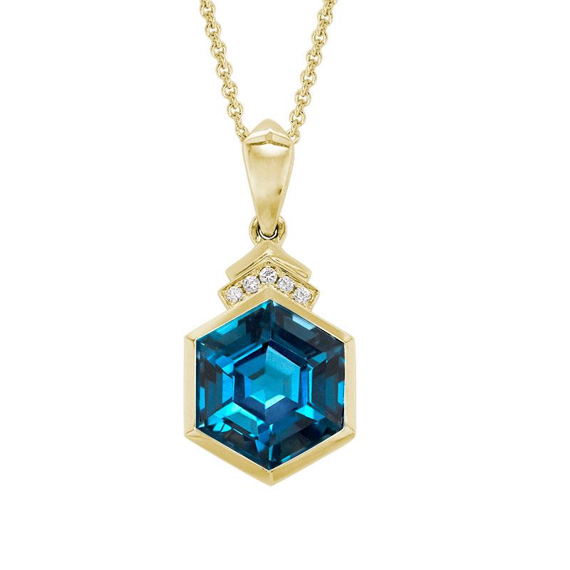 14K Yellow Gold Hexagon London Blue Topaz Pendant Necklace with Accent Diamonds by The Little Jewel