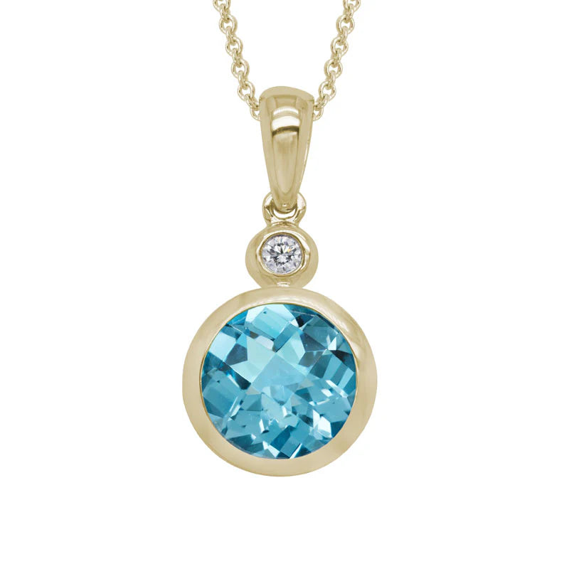 14K YG Bezel Set Swiss Blue Topaz Solitaire buy Necklace