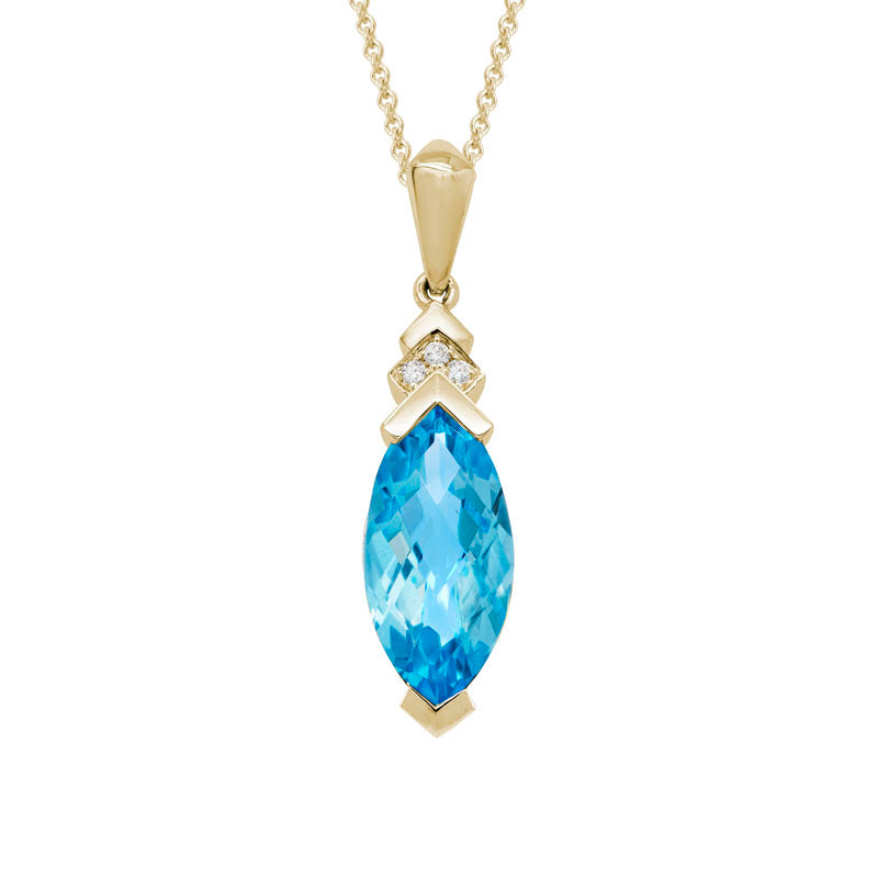 14K Yellow Gold Swiss Blue Topaz Marquise Pendant with Accent Diamonds