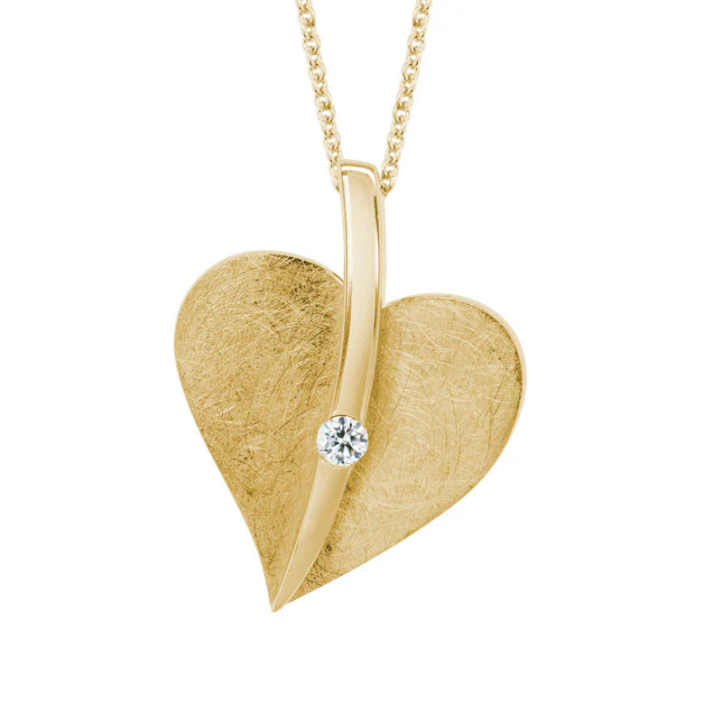 14K Yellow Gold Brushed Heart with Diamond Necklace