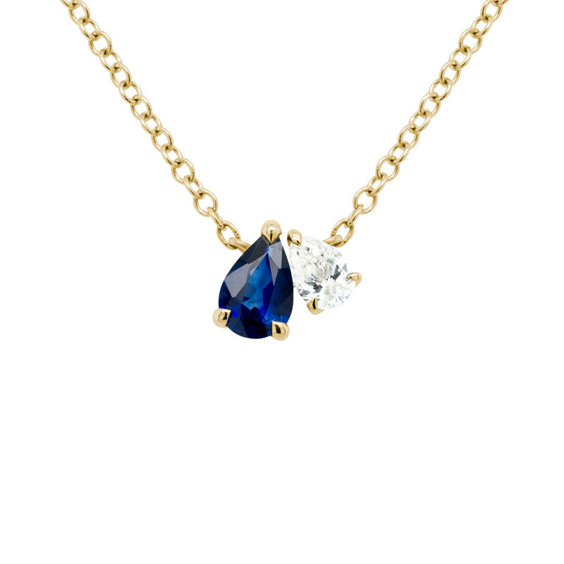 14K Yellow Gold Blue Sapphire and Diamond 2 Stone Fixed Pendant