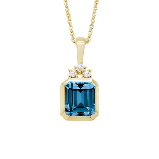 14K Yellow Gold London Blue Topaz with Accent Diamonds Pendant and Chain