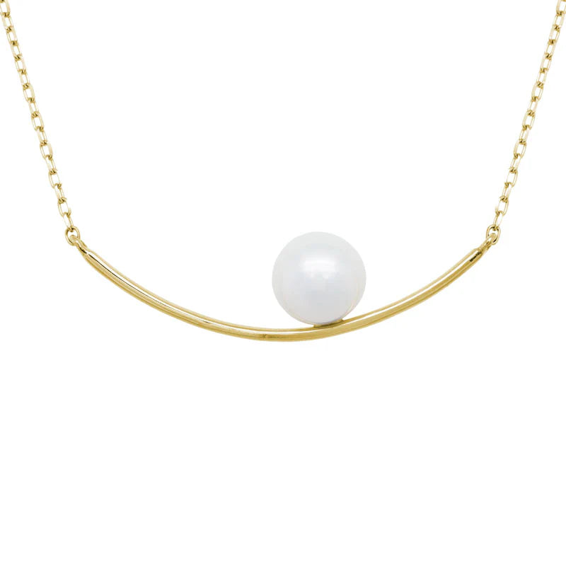 14K Yellow Gold Stationary Bar Pendant with Freshwater Pearl and Chain