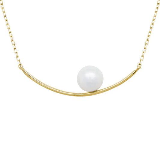 14K Yellow Gold Stationary Bar Pendant with Freshwater Pearl and Chain