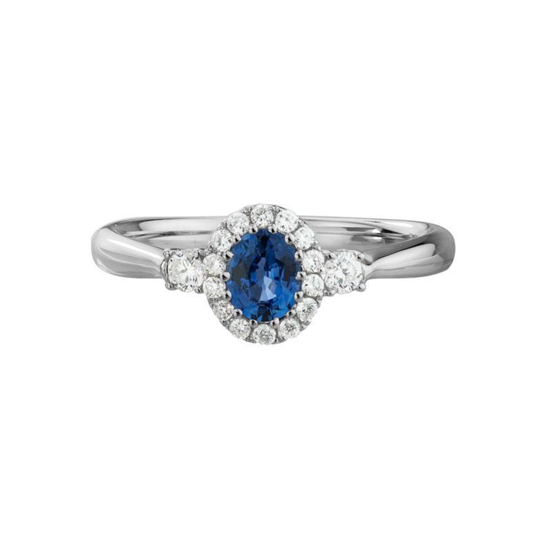 14K White Gold Blue Sapphire Diamond Halo Ring by The Little Jewel