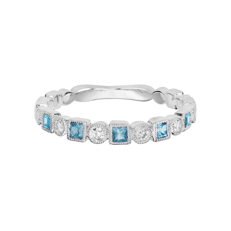 14K White Gold Blue Topaz and Diamond Half Around Stacking Band