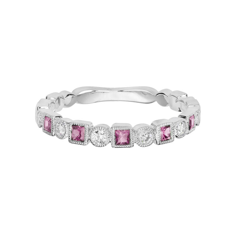 14K White Gold Pink Tourmaline and Diamonds Stacking Band