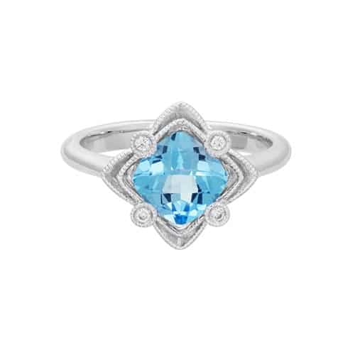 14K White Gold Filigree Blue Topaz Ring with Accent Diamonds by The Little Jewel