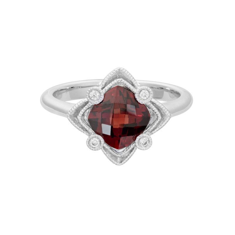 14K White Gold Checkerboard Cut Garnet and Diamond Ring by The Little Jewel