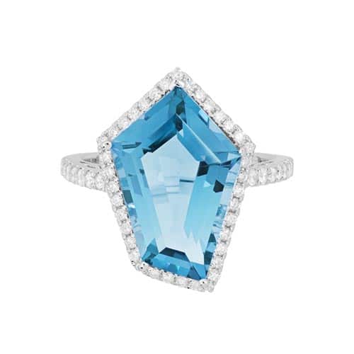 14K White Gold Angeled Blue Topaz Ring with Diamonds by The Little Jewel