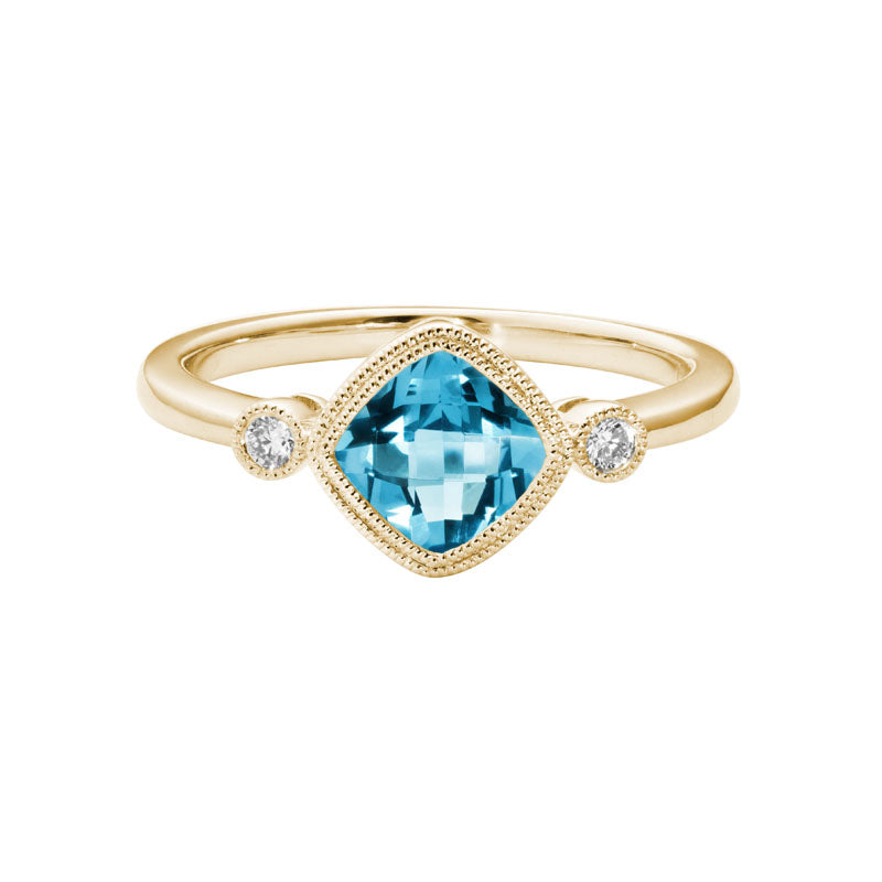 14K Yellow Gold Cushion Cut Swiss Blue Topaz Ring with Side Diamonds