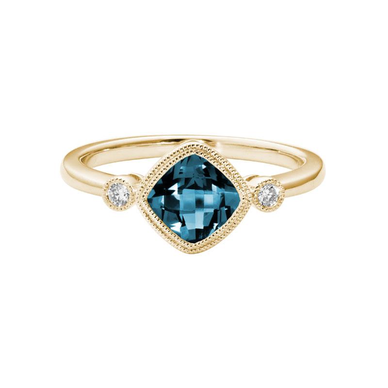 14K Yellow Gold Cushion Cut London Blue Topaz Ring with Side Diamonds