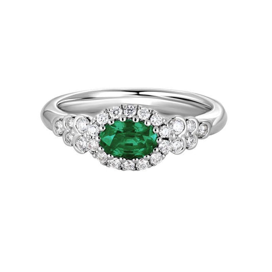 14K White Gold Emerald and Diamond Halo Ring by The Little Jewel