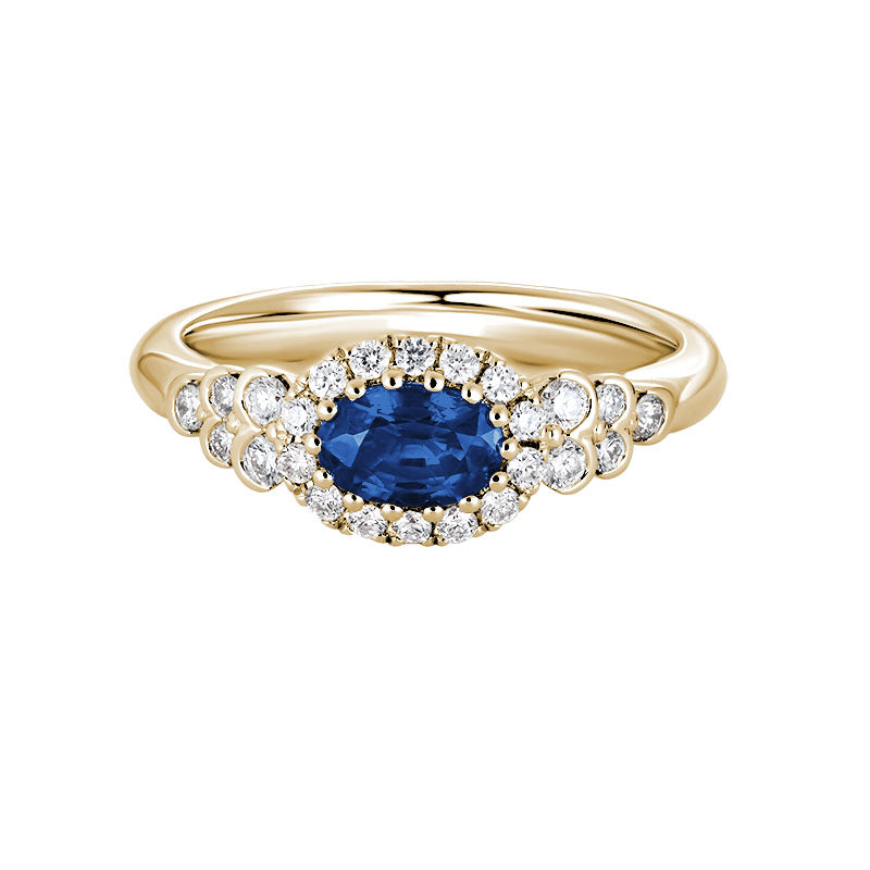 14K Yellow Gold Blue Sapphire and Side Scalloped Diamond Halo Ring