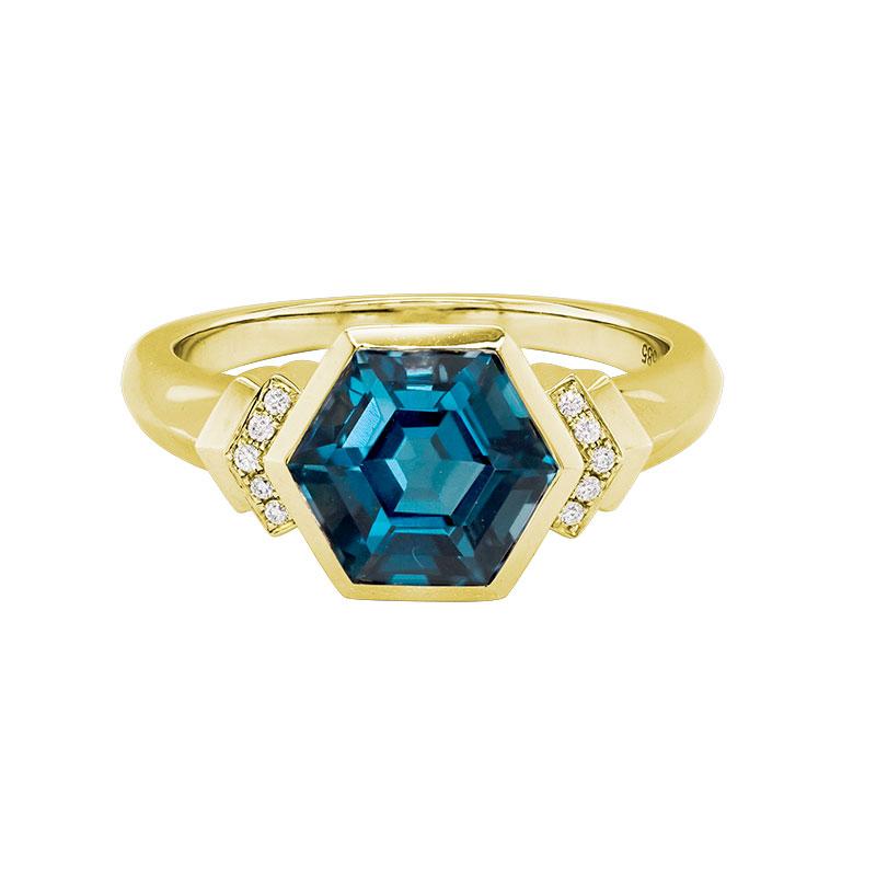 14K Yellow Gold Hexagon London Blue Topaz Ring by The Little Jewel