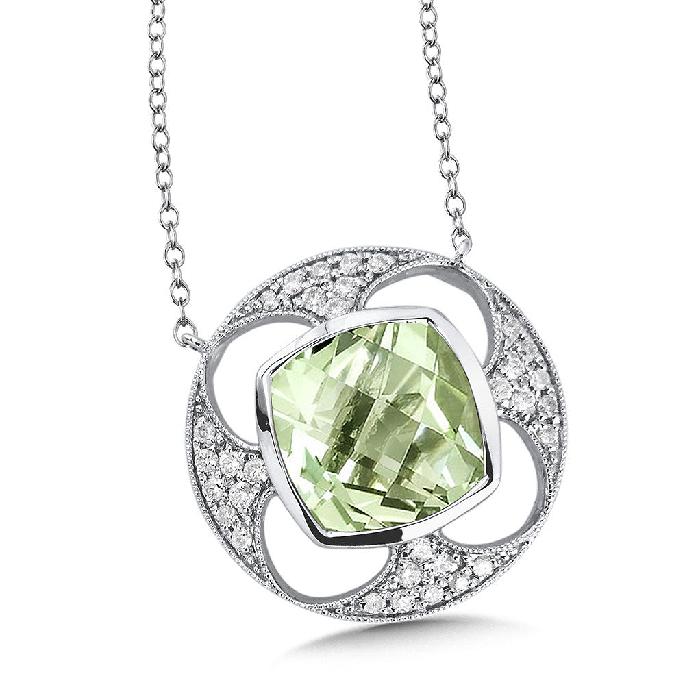 14k White Gold  Green Amethyst & Diamond Pendant