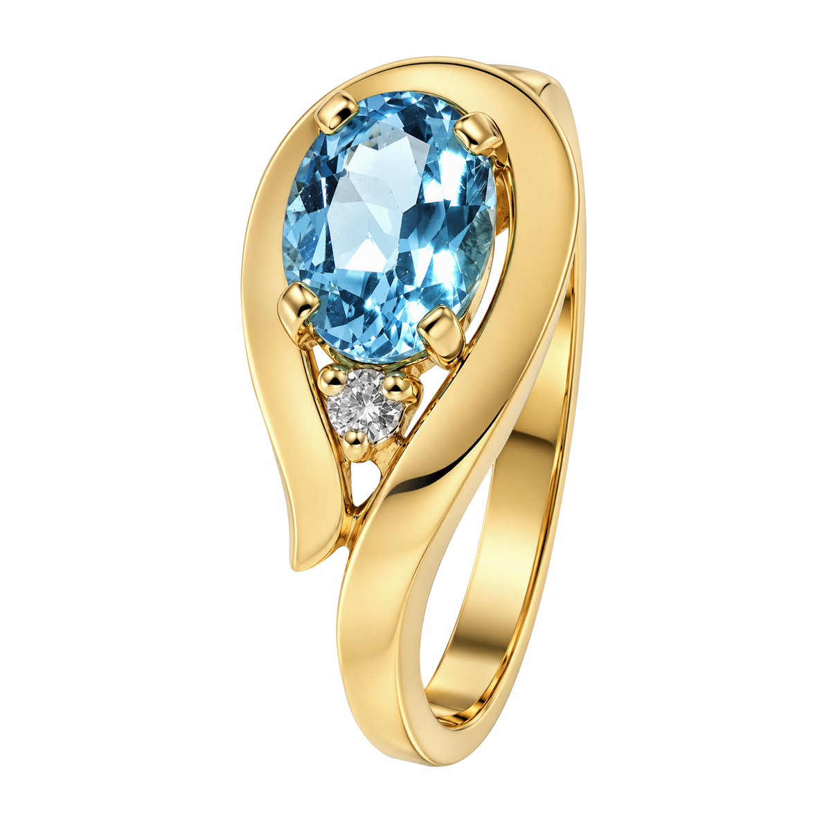 14K Yellow Gold Horizontal Oval Blue Topaz Ring