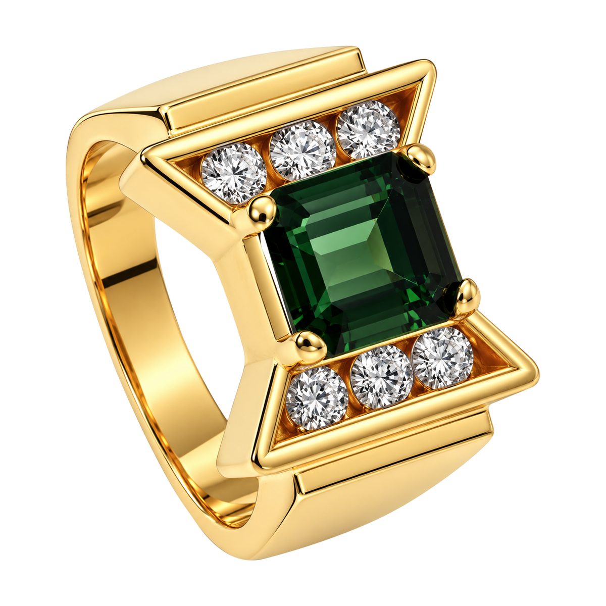 14K Yellow Gold Emerald Cut Green Tourmaline& Diamond Ring