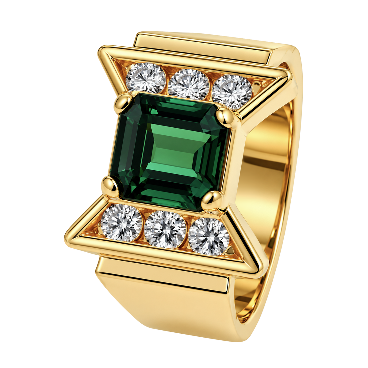 14K Yellow Gold Emerald Cut Green Tourmaline& Diamond Ring