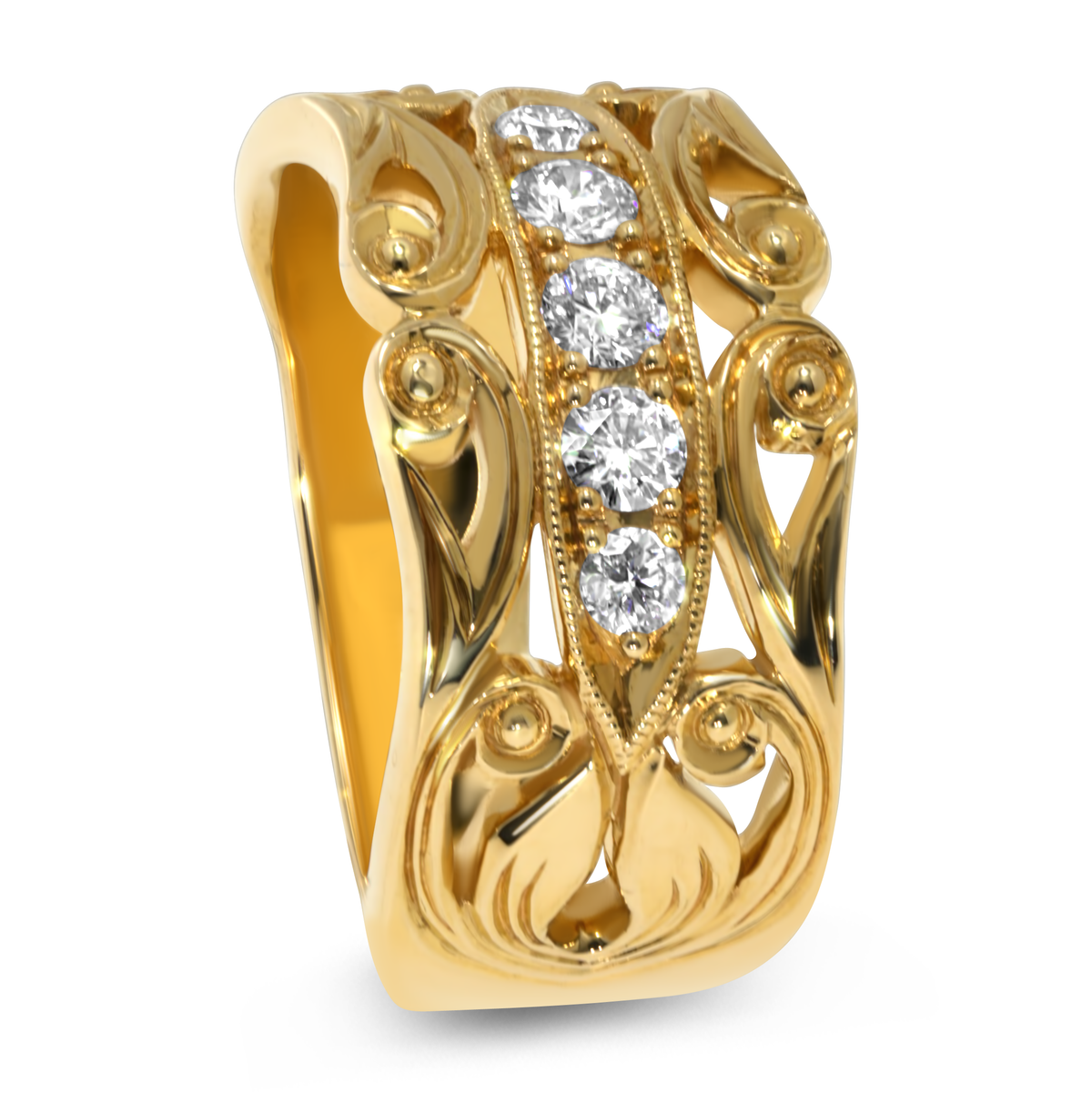 18K Yellow Gold 5 Diamond Wide Band