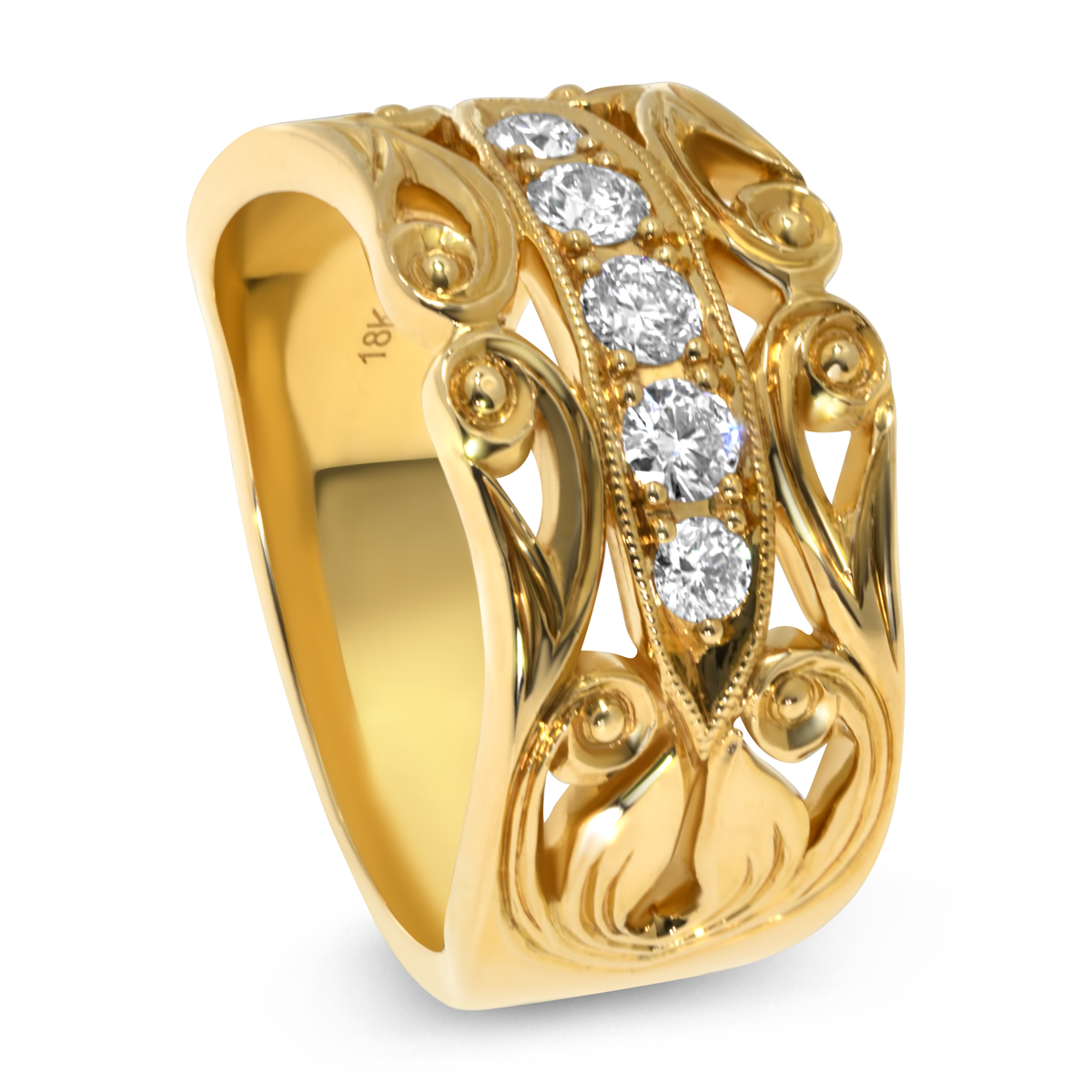 18K Yellow Gold 5 Diamond Wide Band