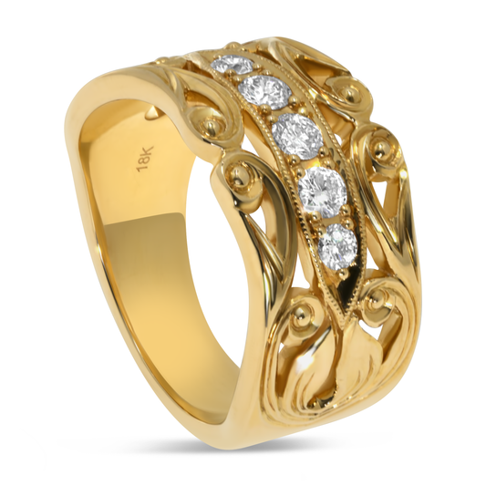 18K Yellow Gold 5 Diamond Wide Band