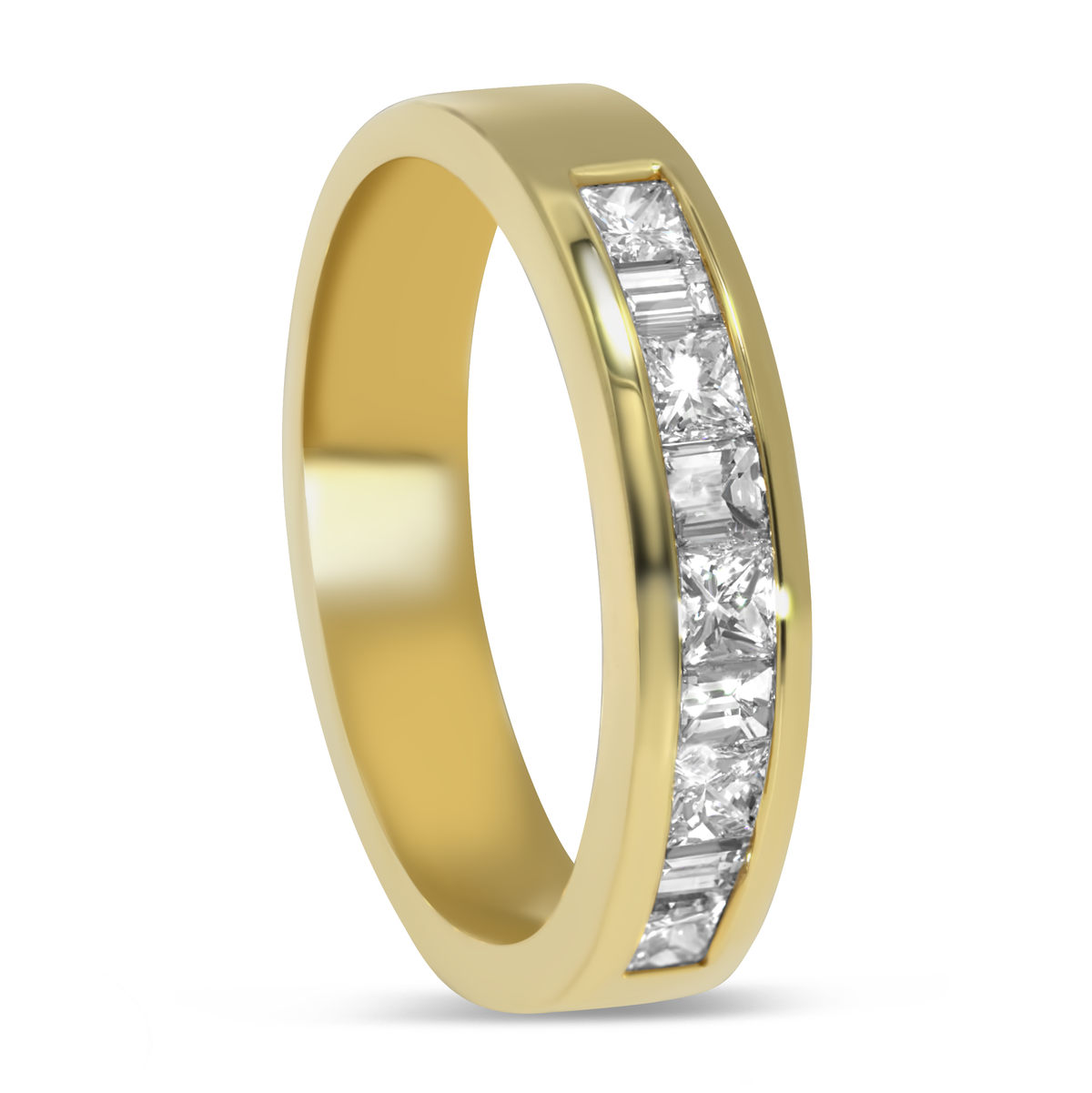 18K Yellow Gold Channel Set Princess Cut & Baguette Diamond Band