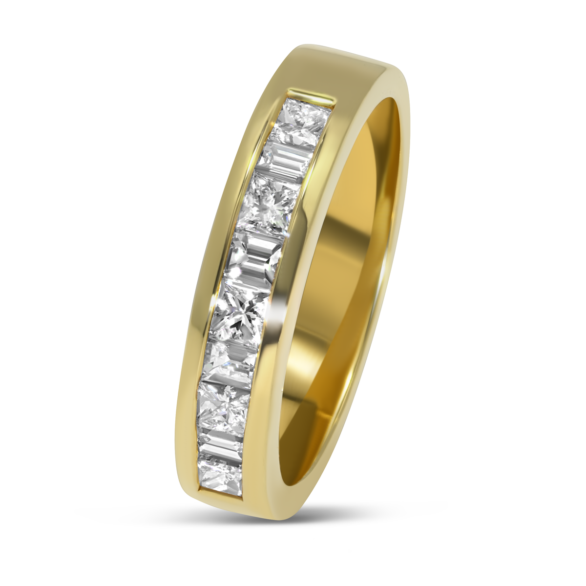 18K Yellow Gold Channel Set Princess Cut & Baguette Diamond Band