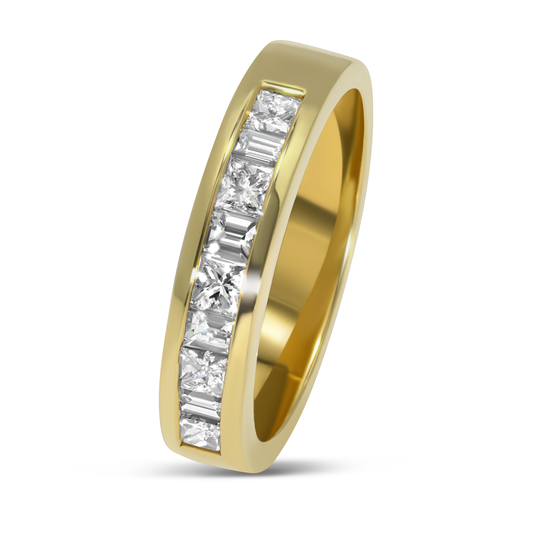 18K Yellow Gold Channel Set Princess Cut & Baguette Diamond Band
