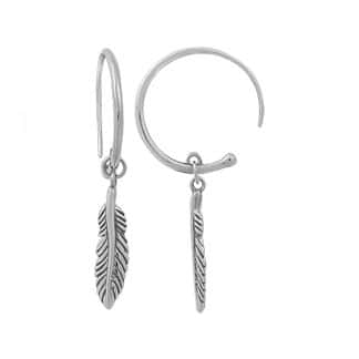 Sterling Silver Hoop Feather Dangle Earrings by Boma