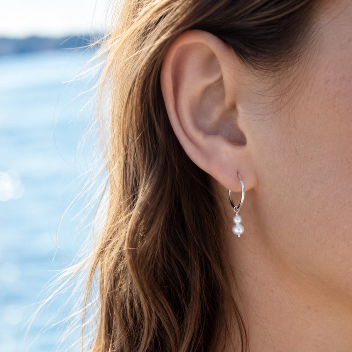 Sterling Silver Double Pearl Hoop Earrings