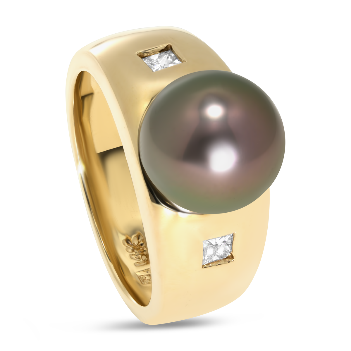14K Yellow Gold Wide Band Tahitian Pearl Ring