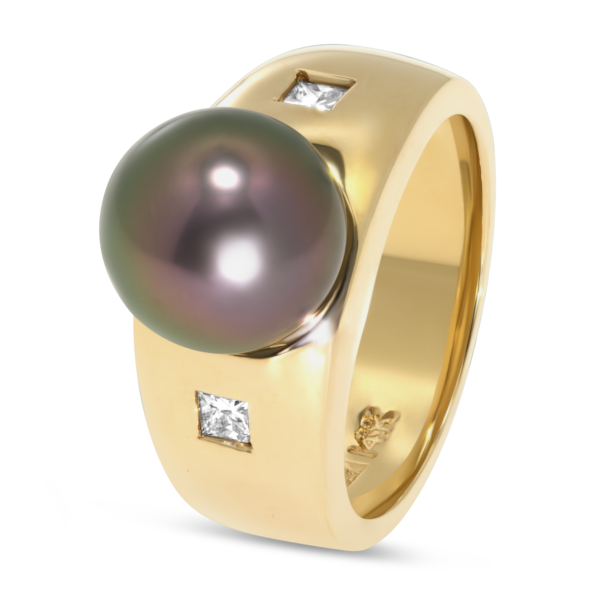 14K Yellow Gold Wide Band Tahitian Pearl Ring