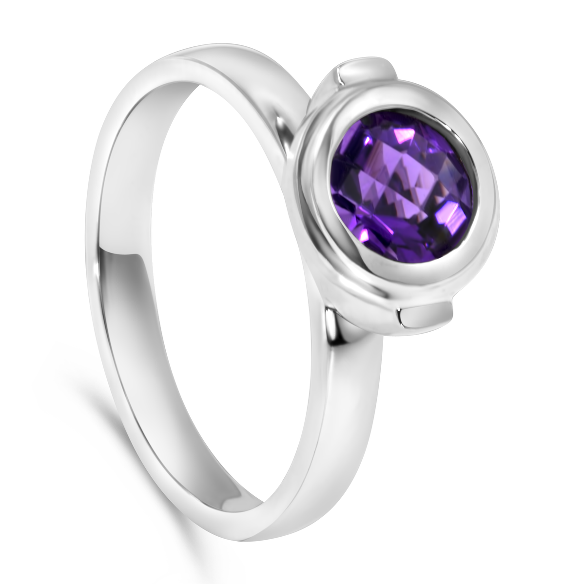 14K White Gold Round Bezel Set Amethyst Ring