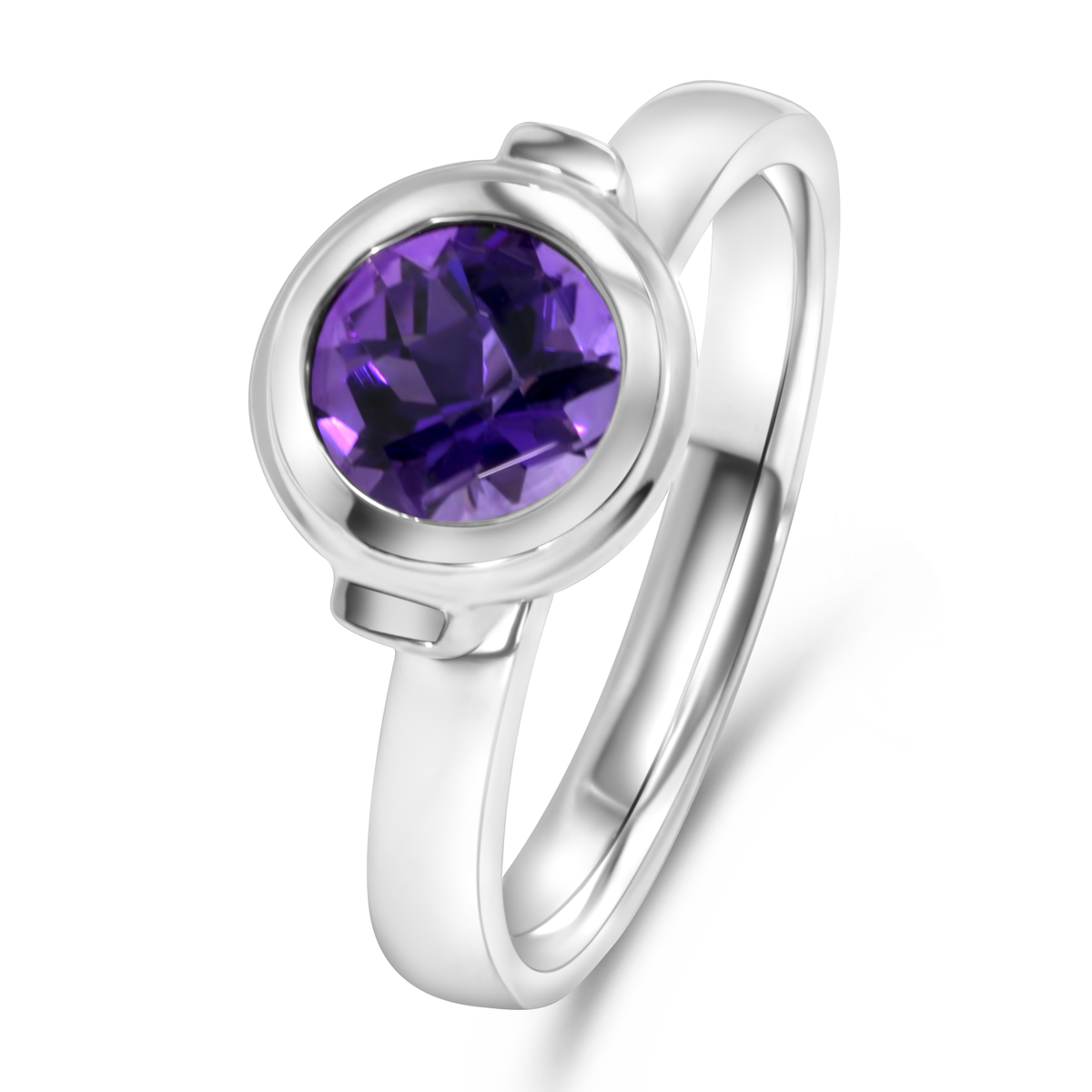14K White Gold Round Bezel Set Amethyst Ring