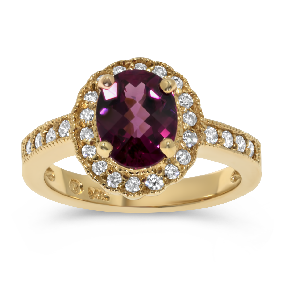 14K Yellow Gold Oval Rhodolite Garnet with Halo Diamonds