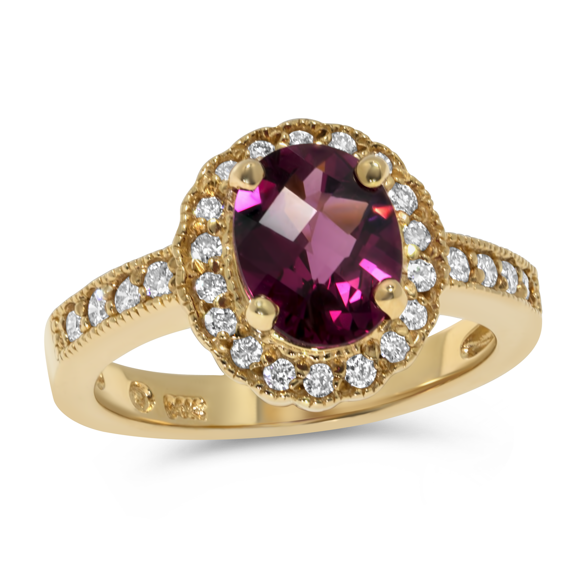 14K Yellow Gold Oval Rhodolite Garnet with Halo Diamonds