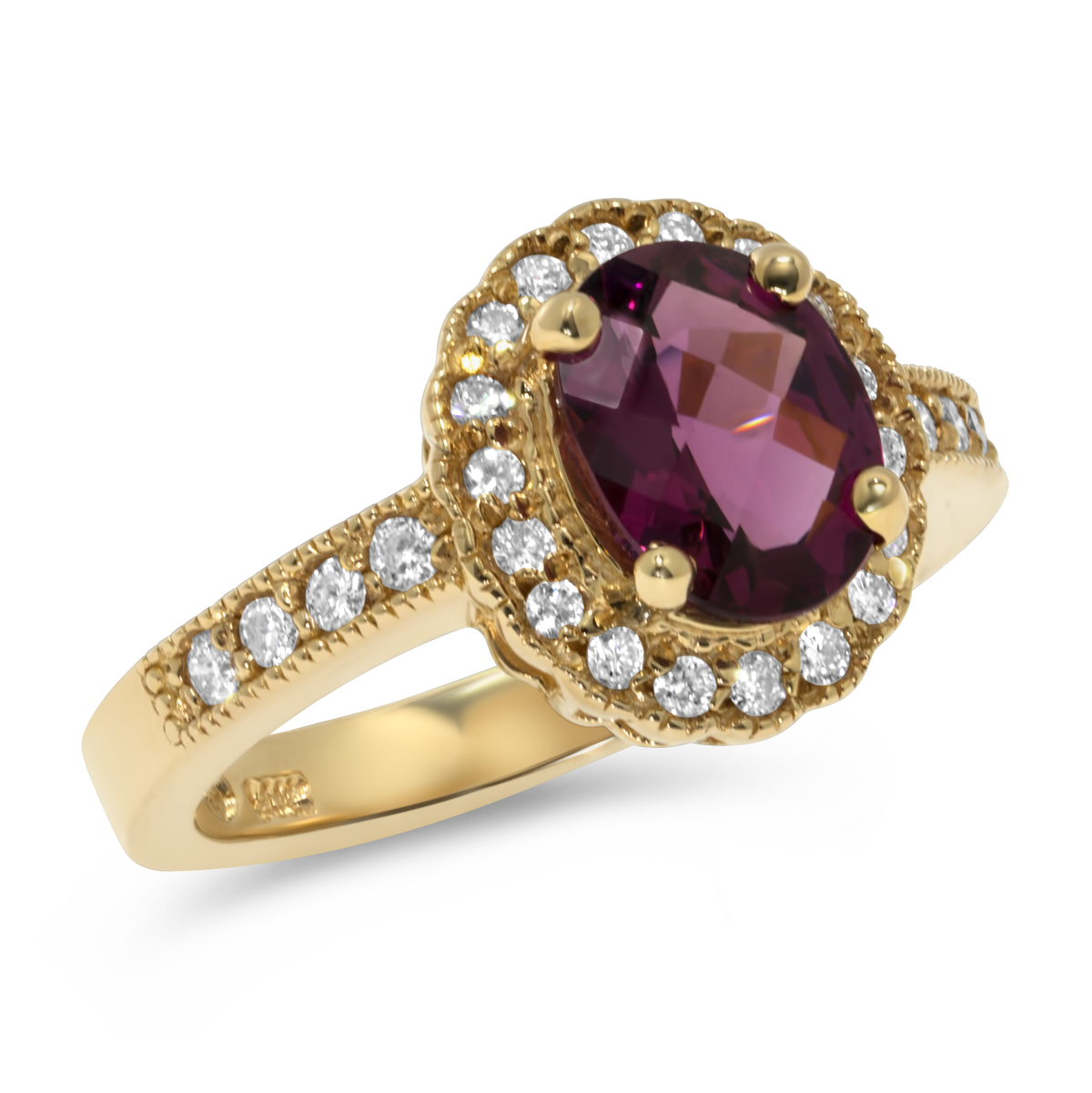 14K Yellow Gold Oval Rhodolite Garnet with Halo Diamonds