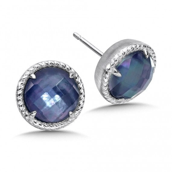 Sterling Silver Quartz & Dyed Blue Mother of Pearl Large Round Post Earrings by SDC Creations