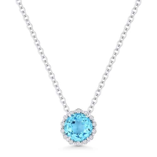 14K Round Blue Topaz and Diamond Halo Necklace by Madison L