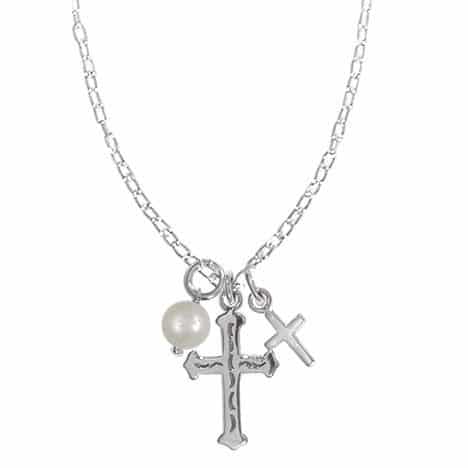 Sterling Silver Double Cross and Pearl Drop Pendant on 18 inch Chain by Boma