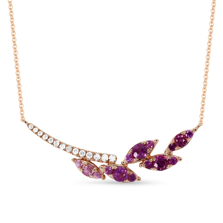 14K Yellow Gold Pink Sapphire and Diamond Necklace Leaf Neacklace by Madison L