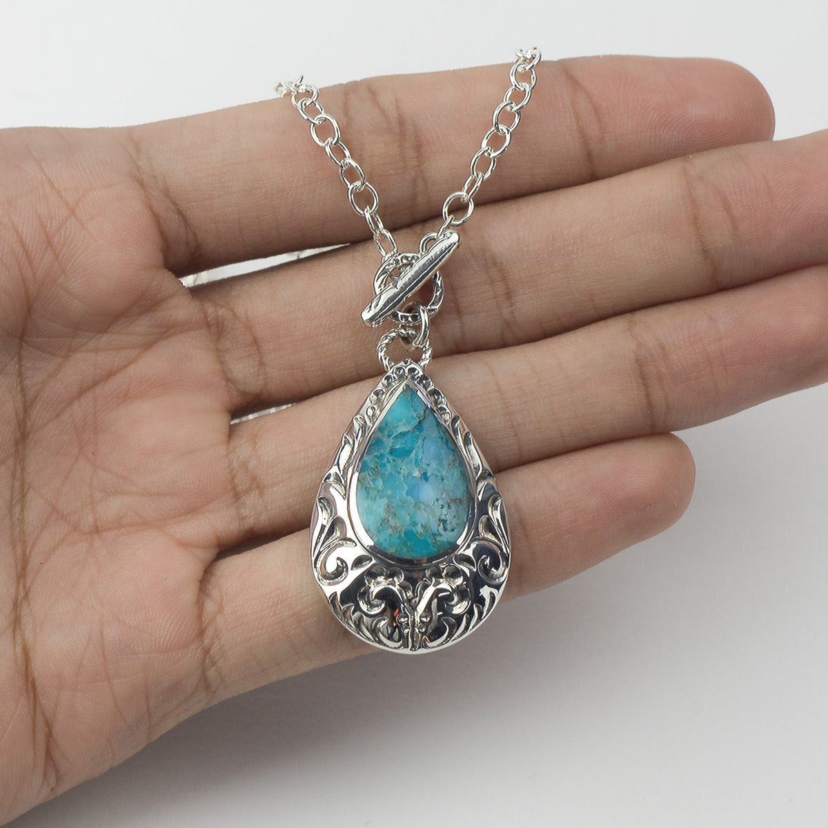 Sterling Silver Ornate Teardrop Turquoise 24 to 26 inch Necklace