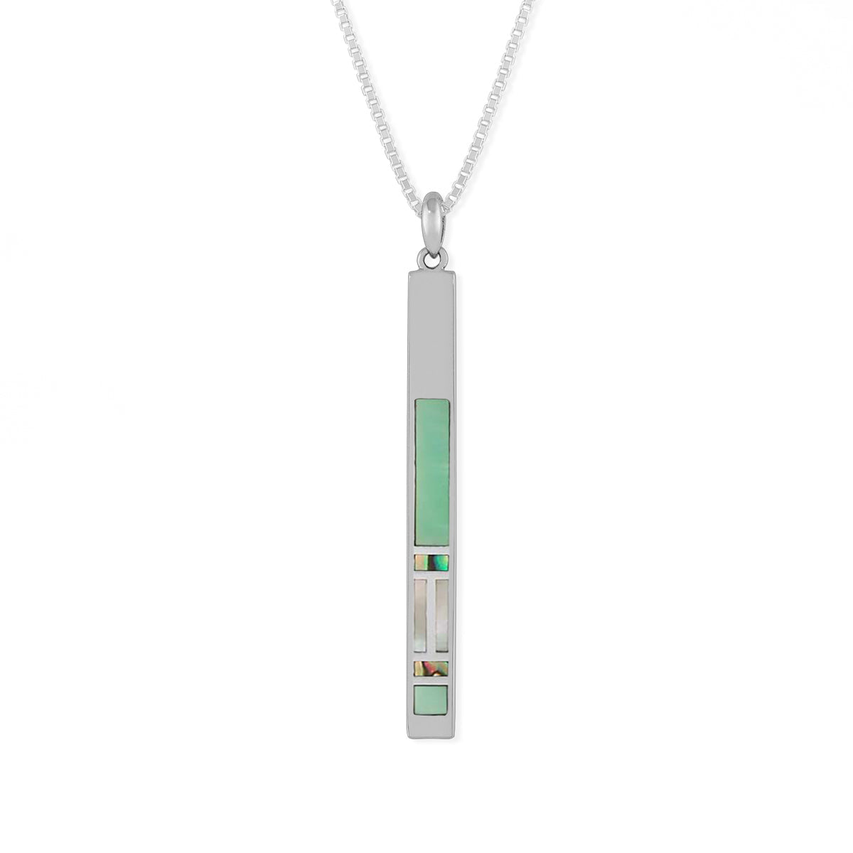 Sterling Silver Green Mother of Pearl and Abalone Inlay Bar 20 inch Necklace