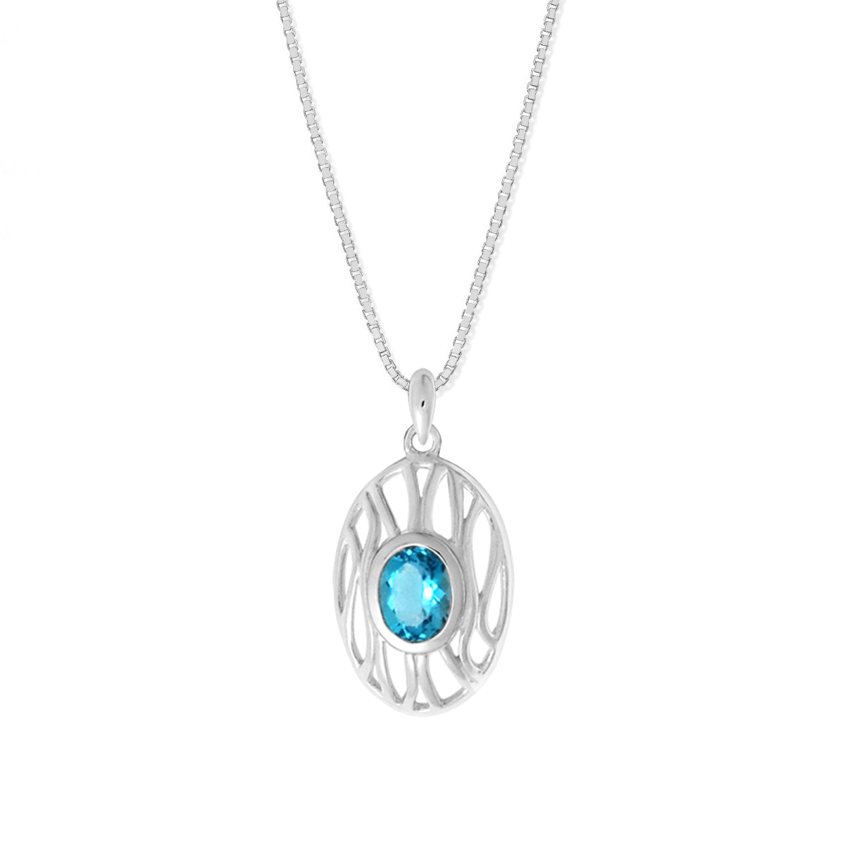 Sterling Silver Webbed Oval Blue Topaz 18 inch Necklace