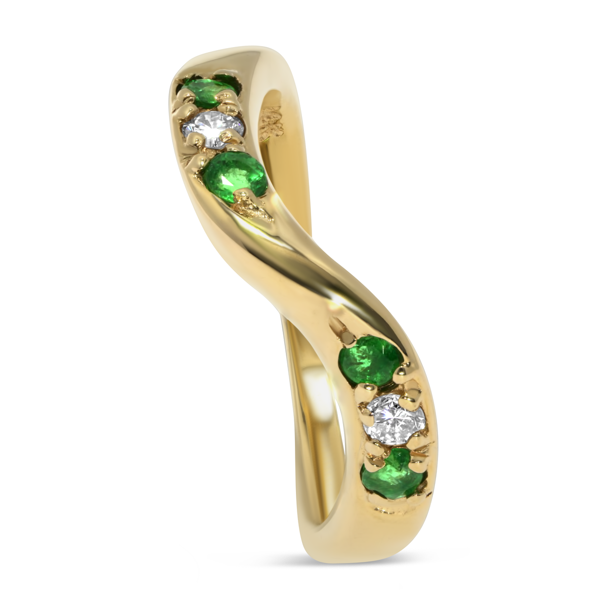 14K Yellow Gold Emerald & Diamond Wave Band