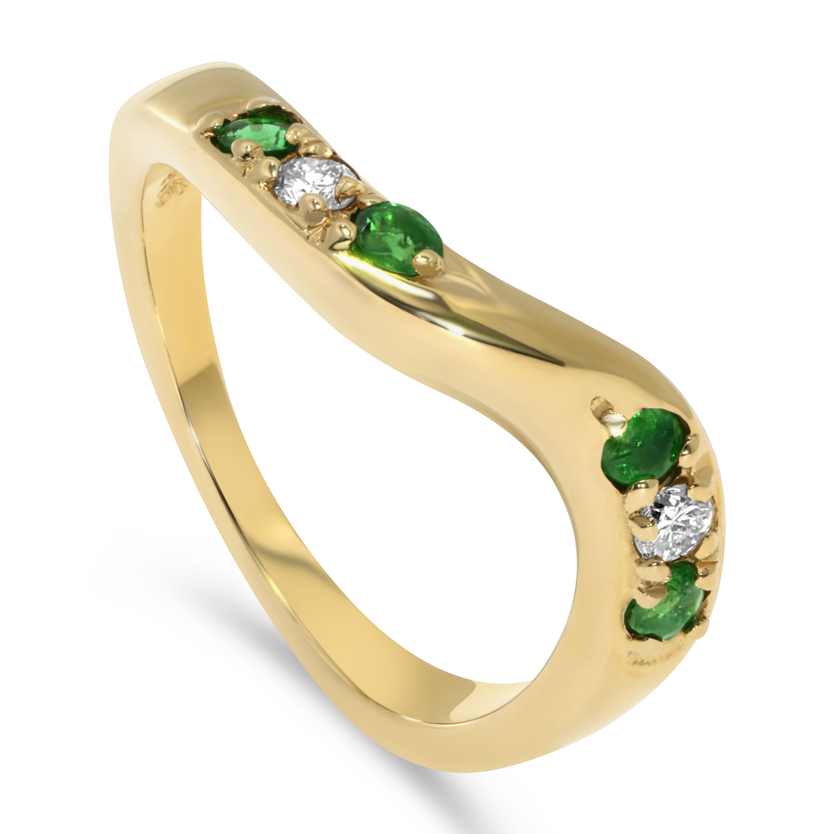14K Yellow Gold Emerald & Diamond Wave Band