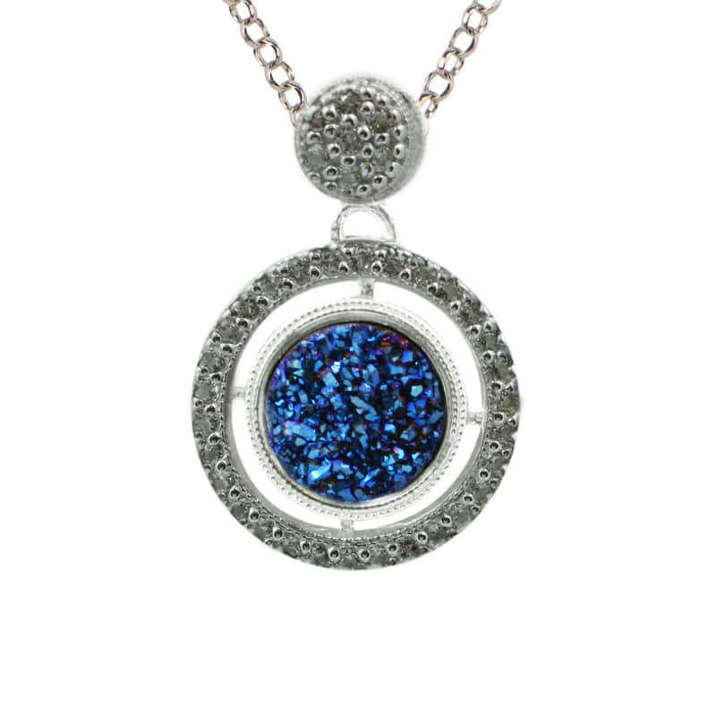Sterling Silver Blue  Drusy and White Topaz Frame Circle Necklace by Frederic Duclos