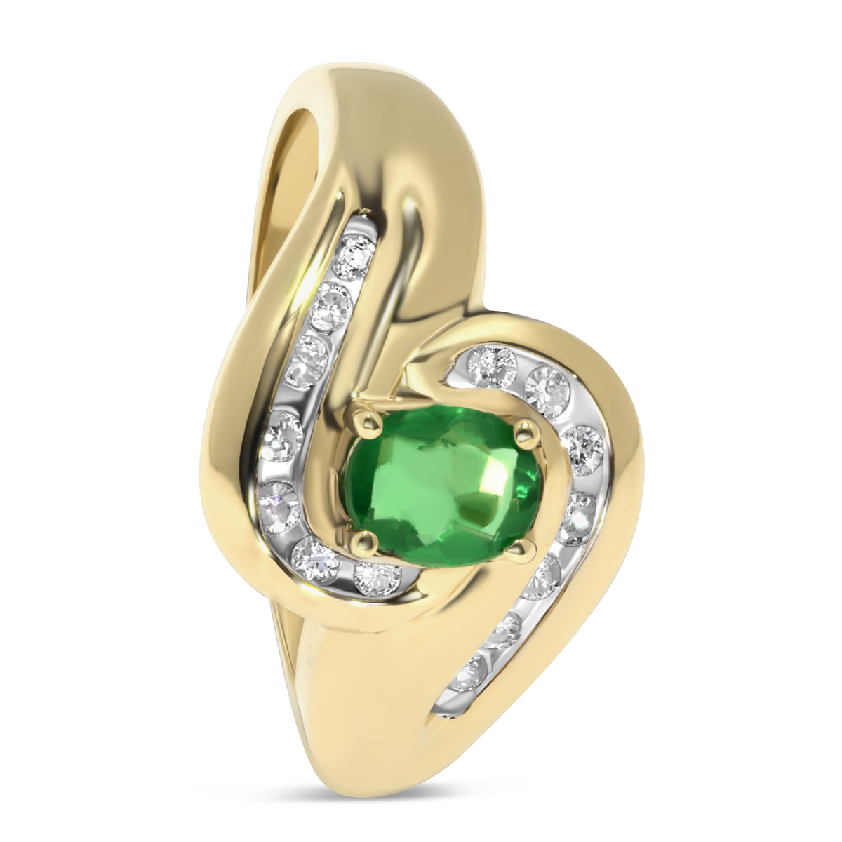 14K Yellow Gold Oval Emerald with Diamonds Swirl Ring